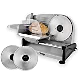 ¡Venir! Cortafiambres eléctrico, 1 hoja dentada para pan, 1 hoja lisa para embutidos y verduras, regulación de espesor de 0 a 15 mm, carro y pantalla extraíble, 200W, Plata, VG AS 3005