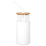 Vaso de vidrio con pajita de 24 oz con tapa, tapa de bambú Vaso de viaje con pajita de vidrio con funda protectora de silicona, color: blanco