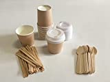 Ggroup COMPONIBLE Kit Vasos de Papel para Café con o sin Tapa Taza Caliente 110 ML 4 oz CUCHARAS o Paleta de Madera 100% BIO (50 Paleta)