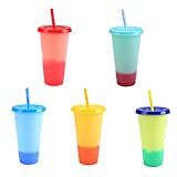 GJCrafts 5 vasos de plástico que cambian de color, vasos de cóctel con pajitas y tapa, 750 ml, reutilizables para fiestas hawaianas y en el jardín
