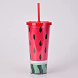 BEDCKCC Vasos con tapas y pajitas, Vaso de agua de plástico de sandía de 24 oz Vaso de plástico de paja gruesa de papel pintado de doble capa Vaso de plástico