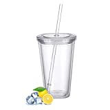 Reutilizable, doble pared, transparente, vaso de plástico con pajita, reutilizable, apto para café con zumo de frutas, 500 ml