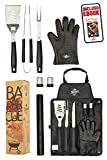 Juego de accesorios para barbacoa Horus 23 con libro electrónico - Utensilios para barbacoa de acero inoxidable, delantal Oxford con bolsillos, guante ignífugo, alfombrilla antiadherente