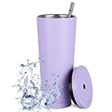 Taza de viaje de acero inoxidable de 750 ml, con pajita y tapa a prueba de fugas, ecológica, taza de café y cerveza, taza aislada al vacío para hielo frío o caliente (púrpura claro)