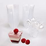 Yisscen 50 Piezas Vasos de Postre con Cucharas, Vasos de Postre de 60ML Vasos de Postre de Plástico Reutilizables Transparentes para Aperitivo, Bocadillos, Essert, Pudín (Cuadrado)