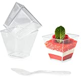 Weinsamkeit Juego de 50 Vasos de Postre con 50 Cucharas de Sopa, Plástico, Postre, 160ml, para Postre y Postre, Reutilizable, Transparente, para Pudín de Helado, Postre