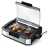 Arendo - Barbacoa Eléctrica Gourmet de Mesa en Acero Inoxidable - 1800 W - con Tapa de Cristal - para Balcón Interior Jardín - Revestimiento Antiadherente - Ajuste de Temperatura en 5 Niveles
