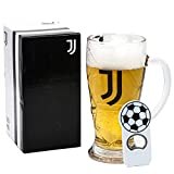Jarra de cerveza genérica para fanáticos de la Juventus con escudo en blanco y negro, producto oficial, vidrio de gran capacidad, con abridor de botellas con imán de balón de fútbol, completa con caja en blanco y negro