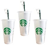 Starbucks - 3 vasos reutilizables de plástico duro Venti, 680ml, con tapa y pajita verde, con tapón