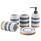 Dispensador de jabón WDBB, botella de bomba de cerámica con base de madera de bambú, dispensador de loción de baño de 5 piezas para cocina, baño, hotel