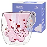 Taza de pata de gato con estampado de cereza rosa, impresión de pata de gato, pared doble, aislada, para espresso, taza de vidrio, café, leche, té, whisky y gato