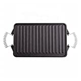 MSDFNSQ Plancha para Barbacoa de Hierro Fundido, Parrilla Reversible, con Mango de Resorte Recipiente para Hornear Rectangular de Doble Cara / Ranura + Liso, para Asar Bistecs, Pollo o Verduras, ETC.  (2,7, 32x20x2 CM)