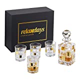 Juego de whisky Relaxdays, jarra de 850 ml, 4 vasos de 310 ml, decantador de coñac, caja de regalo, transparente / dorado, 6 piezas
