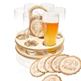 Juego de 6 vasos de cerveza de madera + tapa de madera, tabla de cortar de madera, ideal como regalo de cumpleaños, bandeja de madera, mango de soporte de cerveza