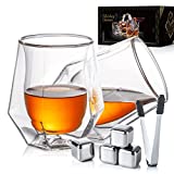 Juego de 2 vasos de whisky de cristal de doble cámara con 4 cubitos de hielo de acero inoxidable y pinzas, vaso Lowball Rocks para cóctel, whisky escocés, bourbon, coñac 20 cl, regalo