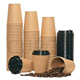 CUPCO - Vasos de café desechables de papel orgánico, 50 vasos de papel + 50 tapas de plástico de 340 ml, pared simple, bambú, para bebidas, fiestas, bodas, aniversarios, cumpleaños