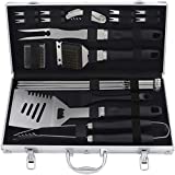 Grilljoy - Herramientas para barbacoa de 20 piezas - Herramientas para barbacoa de acero inoxidable con estuche de aluminio para acampar - Accesorios premium para barbacoa - Grandes ideas para barbacoa para hombres