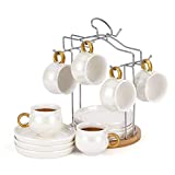 JUJOYBD Juego de 6 Tazas de Café de Cerámica, 80ml, con Platos Metálicos y Soporte, para Espresso o Té, Servicio de Café para 6 (Color Blanco Perla)
