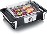 Barbacoa eléctrica Severin PG 8112 Style, Temperatura Hasta 320°C en 10 Minutos, Safe Touch, Pomo con Luz LED, Cable XXL de 2m, Parrilla de Acero Inoxidable, Negro/Gris
