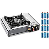 KEMPER - Estufa de gas en acero inoxidable, 2200 W, con 12 cartuchos de gas de 227 g, encendido piezoeléctrico, inserto de gas de seguridad
