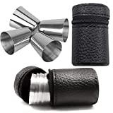 Juego de 4 copas de vino Grappa inastillables de acero inoxidable de 30 ml con 1 funda portátil de cuero negro para senderismo, picnic, camping, viajes