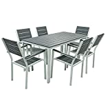 Conjunto de Mesa de Jardín con SILLAS Mesa de Exterior Completa con 6 SILLONES Estructura en Metal Blanco Y LAMAS en HPDE Gris Efecto Teca