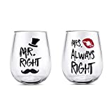 Mr Right Pareja Copas de vino Juego de copas de vino de cristal sin tallo de 14 oz, taza de boda para pareja Novia y novio Aniversario, Compromiso, Navidad Día de San Valentín