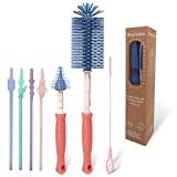 Brunoko Cepillo de silicona para biberones, tazas, tetinas y chupetes |  Cepillo de 3 piezas + pajitas reutilizables |  Adecuado para la limpieza de botellas de todas las marcas |  Seguro para el lavavajillas.
