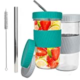 Vaso con pajita, vasos de conservación, vasos de vidrio reutilizables con pajita y tapa para jugo batido (verde)