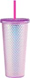 ALINK Taza decorada con tapa y pajita, botella de agua de plástico, taza de viaje (rosa)