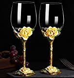 LSQXSS Juego de copas de vino esmaltadas, copa de vidrio sin plomo, copas de vino tinto de cristal artesanal esmaltadas a mano, juego de copas de vino de flores pintadas de 2 piezas (Color: amarillo)