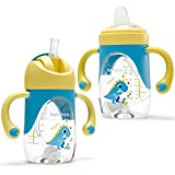 hahaland 2 en 1 vaso de goteo para niños con pajita y pico 240 ml, taza de aprendizaje Tritan y biberón de silicona suave para bebé 6 9 12 meses - dinosaurio