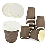 UDS 50 TAZAS DE CARTÓN MARRÓN ESTRIADO DE 350 ML DIMENSIONES H 10 CM X 8,5 DIÁMETRO + UDS 50 TAPAS DE PAPEL CON AGUJERO IDEAL PARA CAFÉ Y CAPPUCCINO
