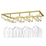 Nuovoware Soporte para copas de vino, Estante para ahorrar espacio Soporte para copas Soporte para copas con 4 rieles para 12 copas Soporte para copas de vino debajo del gabinete con tornillos para bar Cocina - Dorado