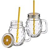 MamboCat Set de 2 vasos Sole con asa, tapa y pajita, color amarillo, 480 ml, vasos de cristal para batidos, cócteles, vasos Ice-Tea & Co I Vivalto con asa de tapón de rosca
