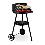 Relaxdays Barbacoa de carbón con estante, parrilla de cocción regulable en altura, barbacoa de jardín con ruedas, negra