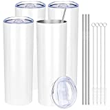 Monumen Paquete de 4 vasos de acero inoxidable con pajitas, vasos aislados al vacío, doble pared, 20 ml, con tapa, blanco