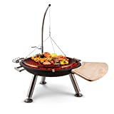 blumfeldt Turion - parrilla de barbacoa basculante, diámetro 80 cm, manivela para ajustar la altura de la parrilla, tirador de cable, mesa de madera, bandeja para cubiertos, acero inoxidable, negro