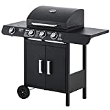 Barbacoa de gas Outsunny con tapa, 4 quemadores de 11,6 kW en total y termómetro, quemador lateral, estante y 2 ruedas, 110x50x100cm Negro