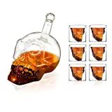 Hefete, juego de 7 copas de calaveras, 1 botella de 750ml y 6 copas de calaveras de 75ml, cristal, ideal para fiestas, bares, cenas