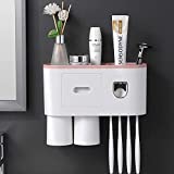 Soporte para cepillos de dientes montado en la pared, dispensador automático de pasta de dientes con juego de tazas magnéticas, soporte para cepillos de dientes eléctrico, accesorio de baño, fácil instalación, 2 tazas, rosa