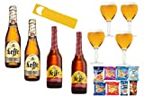 Leffe Birra mini Kit Dúo Leffe Birra Blonde y Leffe Rouge, 4 x 33 cl + 4 vasos de 0,25 + 1 abrebotellas + 6 snacks GRATIS
