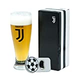 Vaso de cerveza genérico para fanáticos de la Juventus con escudo en blanco y negro, producto oficial, capacidad de vidrio de 415 ml, con abrebotellas magnético, completo con caja en blanco y negro