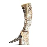 Cuerno de beber vikingo de comerciante nórdico Cuerno de buey genuino de 30 cm con soporte de cuerno y adornos de lobo en latón |  Bolsa de regalo de arpillera incluida |  'El Fenrir', sin pulir, 30 cm