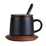 Taza de café de 11.8 oz Juego de taza de café de taza de té de cerámica con platillo de madera y tapa Juego de platillo de taza de café negro mate para hombres, mujeres Taza de café-Cuchara de cerámica