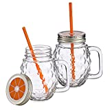 MamboCat Set de 2 vasos Sole con asa, tapa y pajita, color naranja, 480 ml, vasos de cristal para batidos, cócteles, Ice-Tea & Co I Vivalto vasos con asa de rosca