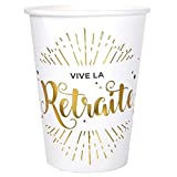 10 vasos desechables de la serie 'Vivi la jubilación', color: blanco y dorado