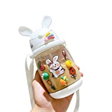 ZXJ Botellas de agua para niños Paja a prueba de fugas Vaso de agua de plástico Correa Bebé Verano Botellas portátiles Niños Biberones, Blanco, 550ml
