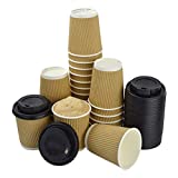 PCS 100 TAZAS TÉRMICAS EN PAPEL COLOR HABANA 250 ML + PCS 100 TAPAS PLÁSTICO NEGRO CON PICO IDEAL PARA BEBIDAS CALIENTES COMO CAFÉ, CAPPUCCINO Y CHOCOLATE