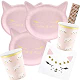 spielum Set de 38 piezas para fiestas temáticas de gatos - gatito - platos, vasos, servilletas pajitas para 6 niños